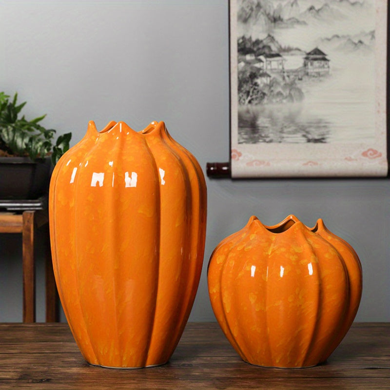 Elegant Orange Pumpkin Ceramic Vase - Modern Home Decor Accent for Living Room, No Battery Needed