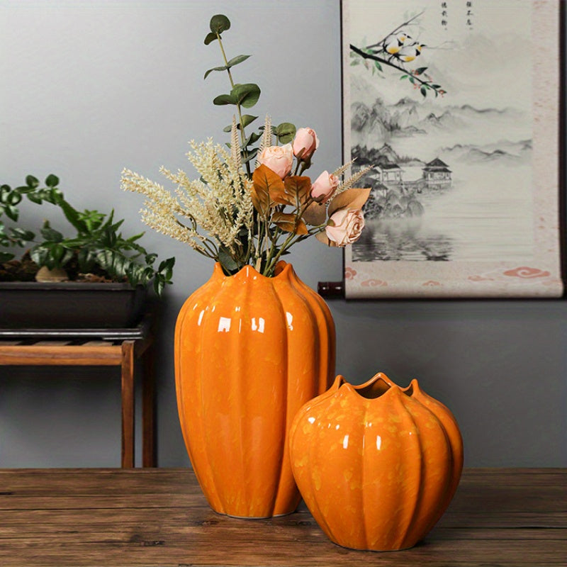 Elegant Orange Pumpkin Ceramic Vase - Modern Home Decor Accent for Living Room, No Battery Needed