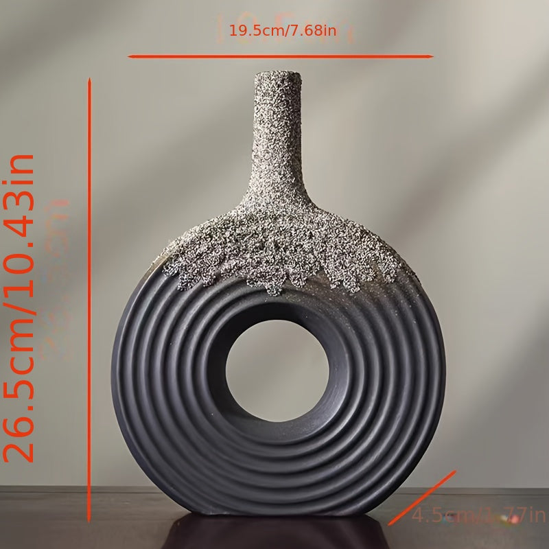 Elegant Black Ceramic Vase with Snowflake Design - Geometric Hollow-Out Round Decorative Flower Vase for Living Room, Entryway, or Study - Artistic Home Accent