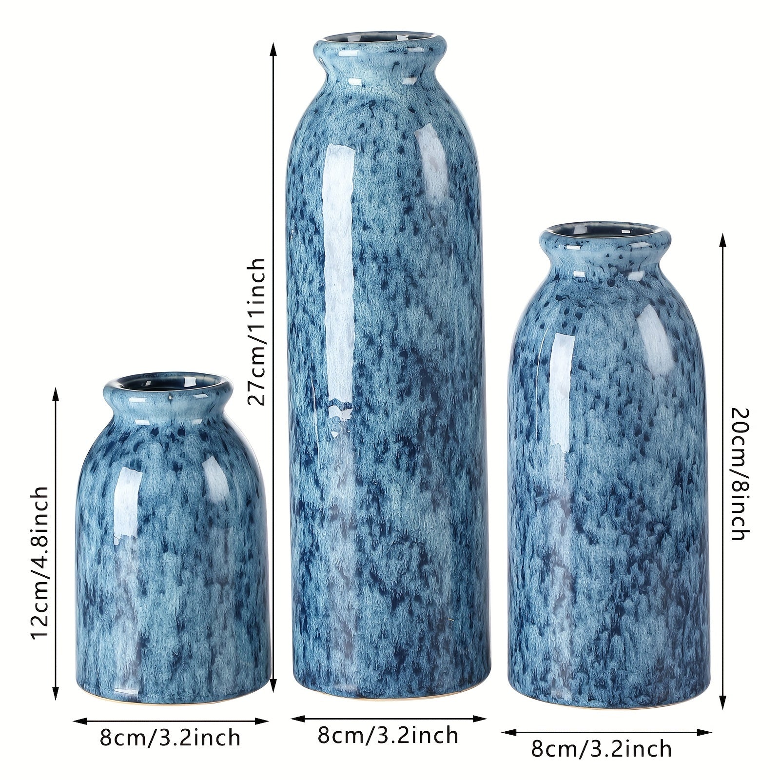 Set of Three Modern Farmhouse Ceramic Vases - Geometric Pattern, Round Shape, Durable Ceramic Material, Perfect for Living Room, Dining Table Centerpiece, Bookshelf, Mantel, and Entryway Decorations, Adding Rustic Touch and Elevating Home Ambiance