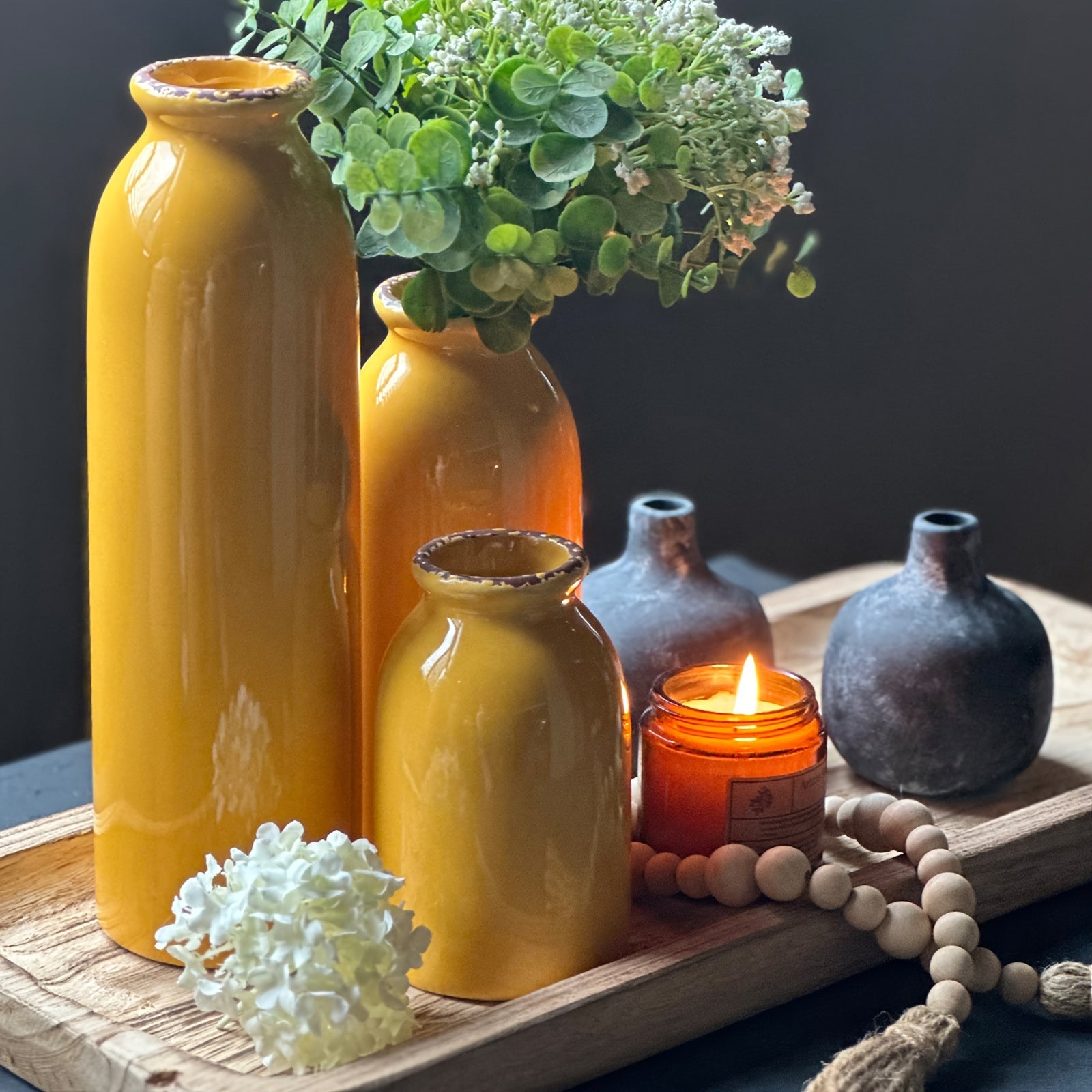 Set of Three Modern Farmhouse Ceramic Vases - Geometric Pattern, Round Shape, Durable Ceramic Material, Perfect for Living Room, Dining Table Centerpiece, Bookshelf, Mantel, and Entryway Decorations, Adding Rustic Touch and Elevating Home Ambiance