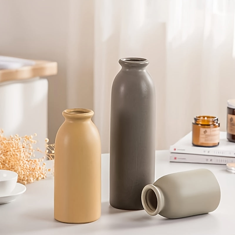 Set of Three Modern Farmhouse Ceramic Vases - Geometric Pattern, Round Shape, Durable Ceramic Material, Perfect for Living Room, Dining Table Centerpiece, Bookshelf, Mantel, and Entryway Decorations, Adding Rustic Touch and Elevating Home Ambiance