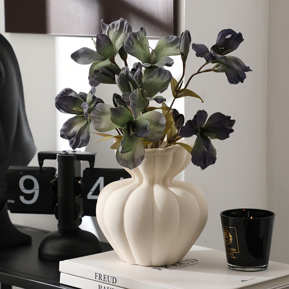 Elegant Ceramic Vase Modern Ceramic Vases with Ribbed Texture | Elegant French-Style Decorative Flower Pots for Living Room, Bedroom, or Kitchen, Black and White, No Electricity Needed, Bedroom Decor, Smooth Finish, Flower Vases
