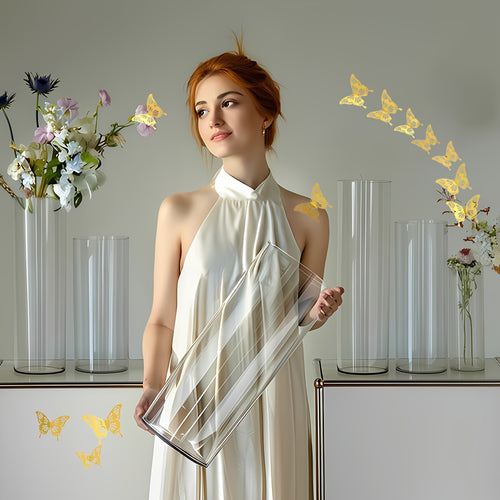 1pc 19.6x7.8in 20x50cm Transparent Cylindrical Large Vase with 3D Hollow Butterfly Wall Stickers