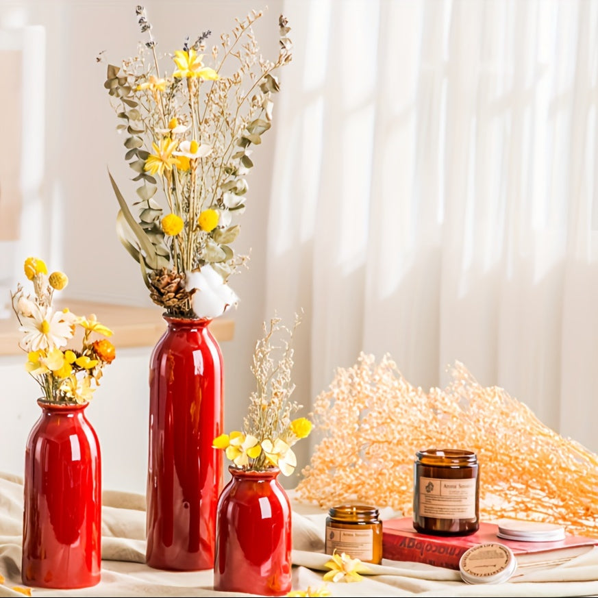 Set of Three Modern Farmhouse Ceramic Vases - Geometric Pattern, Round Shape, Durable Ceramic Material, Perfect for Living Room, Dining Table Centerpiece, Bookshelf, Mantel, and Entryway Decorations, Adding Rustic Touch and Elevating Home Ambiance