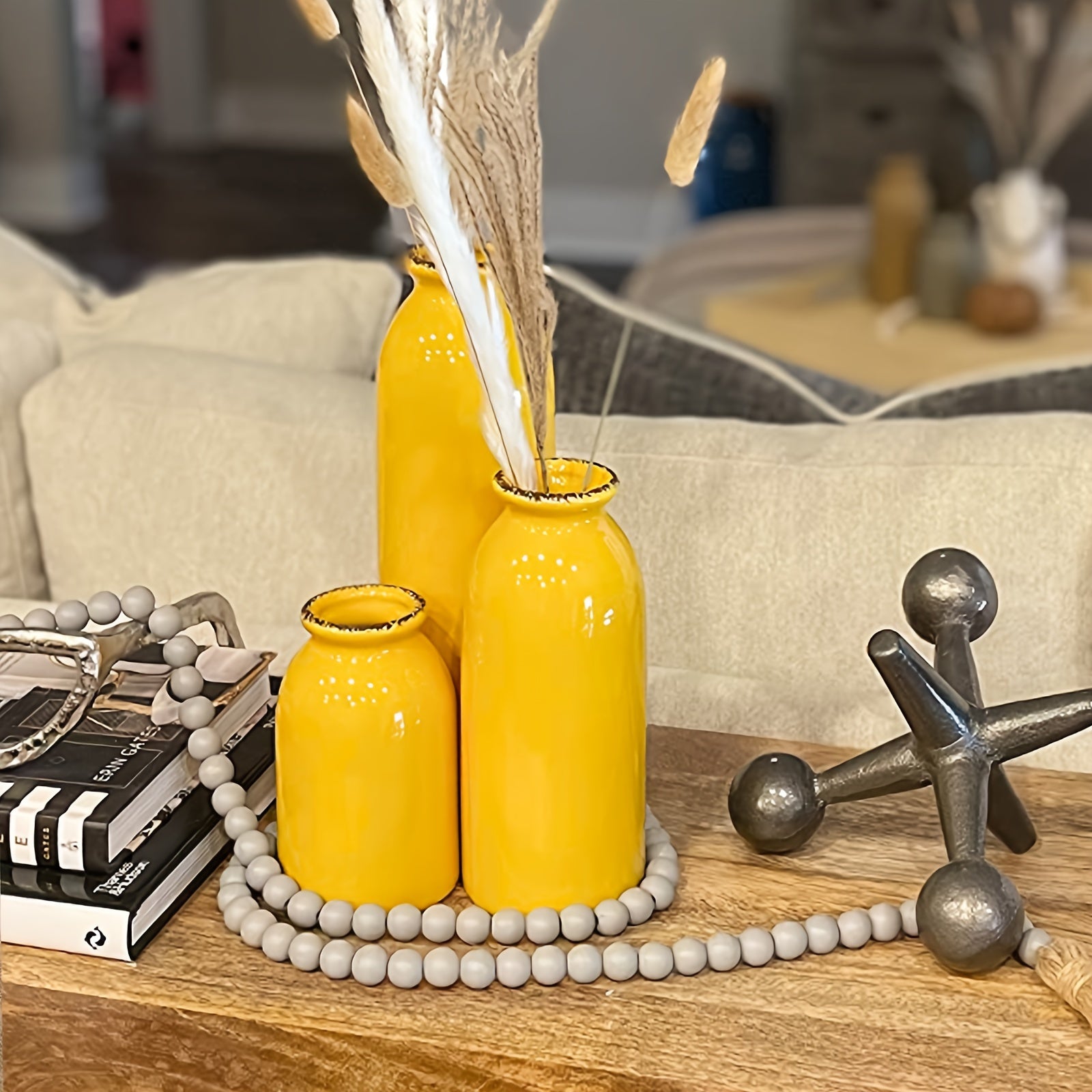 Set of Three Modern Farmhouse Ceramic Vases - Geometric Pattern, Round Shape, Durable Ceramic Material, Perfect for Living Room, Dining Table Centerpiece, Bookshelf, Mantel, and Entryway Decorations, Adding Rustic Touch and Elevating Home Ambiance