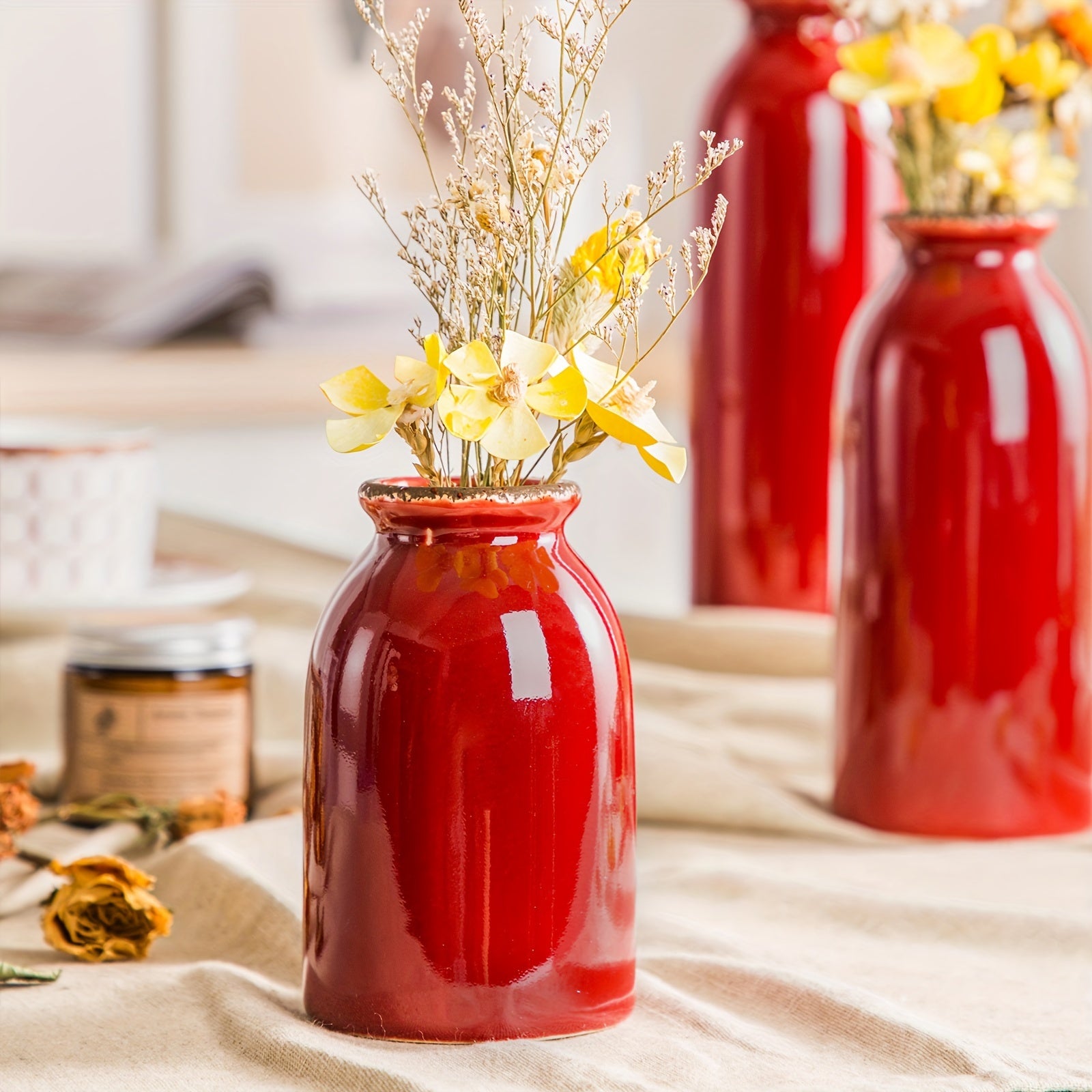 Set of Three Modern Farmhouse Ceramic Vases - Geometric Pattern, Round Shape, Durable Ceramic Material, Perfect for Living Room, Dining Table Centerpiece, Bookshelf, Mantel, and Entryway Decorations, Adding Rustic Touch and Elevating Home Ambiance